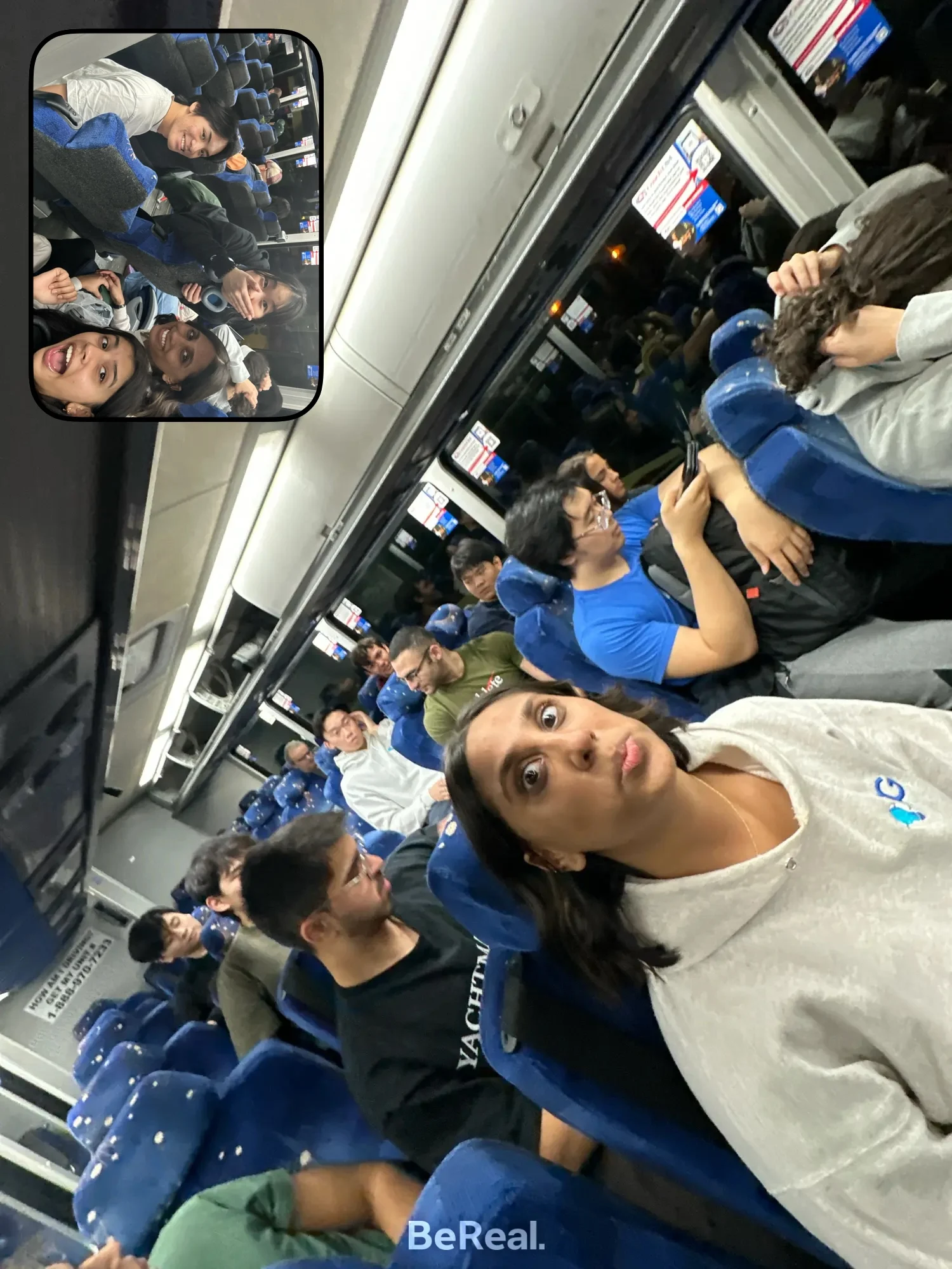 A member taking a selfie on a crowded train, with an inset photo of two members laughing