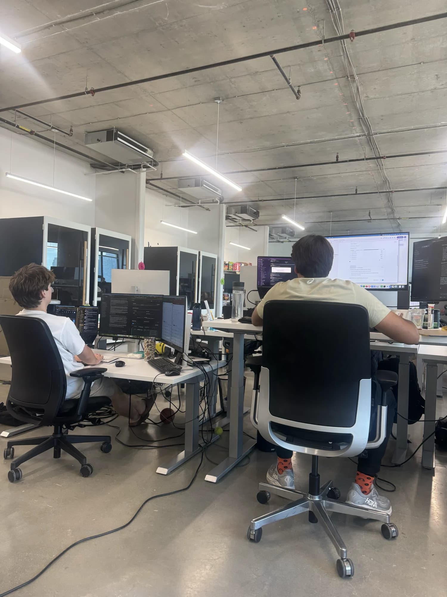 Two members working at desks in an open-plan office